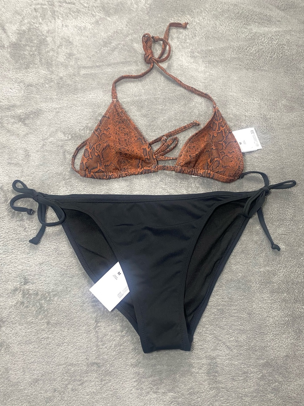 NWT Bikini Set Size M Snake Print Triangle Top & Black Tie Bottoms